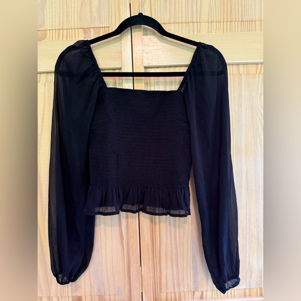 Hollister Black Long Sleeve Smocked Blouse with Sheer Sleeves